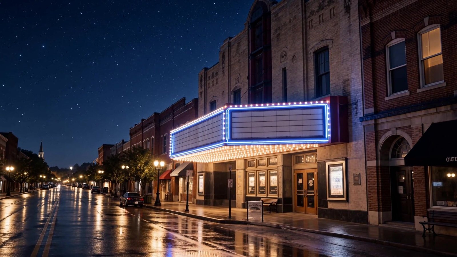 A small-town theater storefront glowing at night on a wet main street