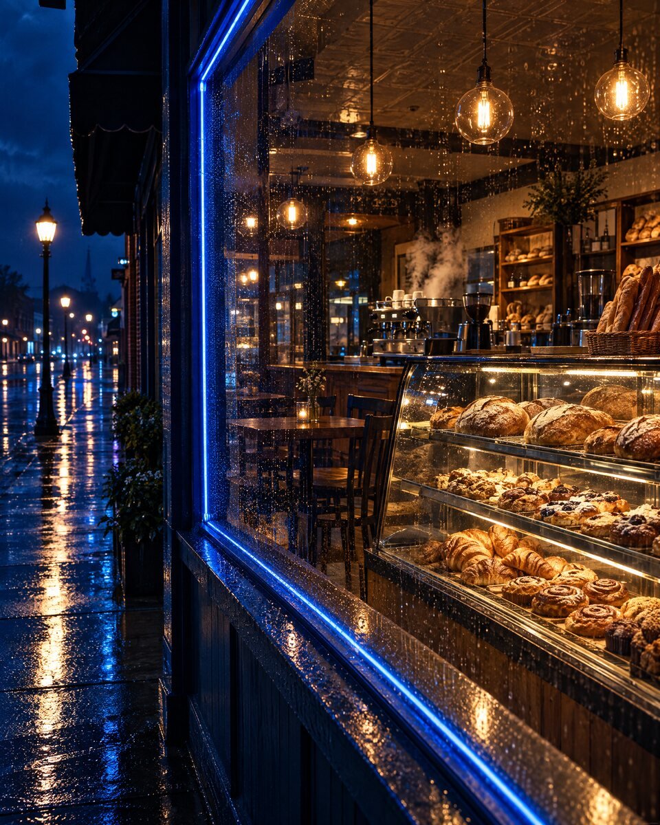 A bakery counter glowing warm through a rainy window at night