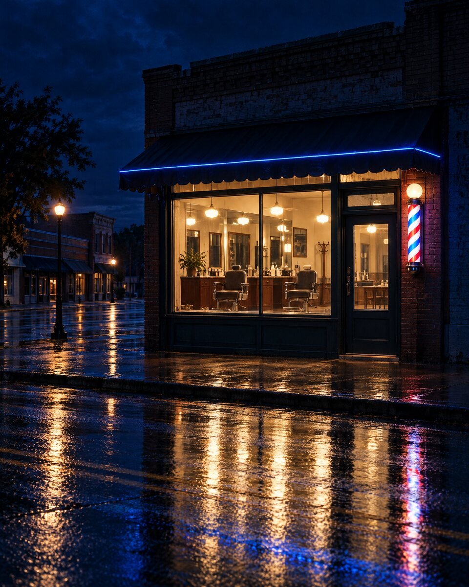 A barbershop at night, its window glowing on a wet main street