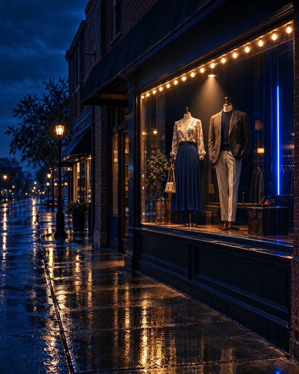 A clothing boutique window lit like a stage on a quiet street