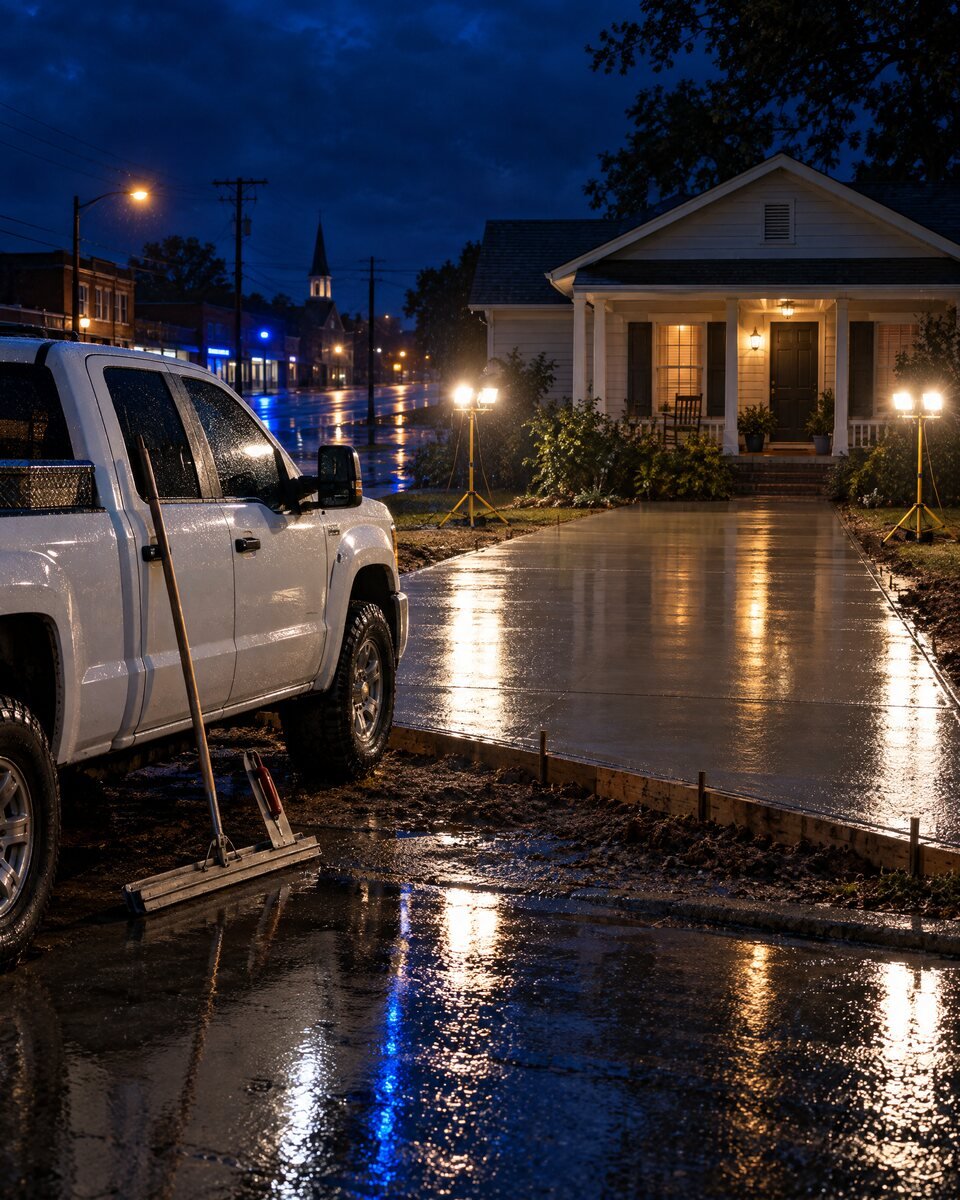 A contractor's work truck and fresh concrete under work lights at dusk